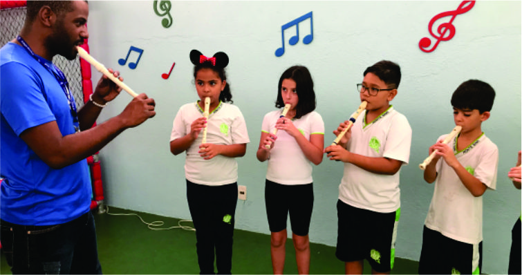 quatro crianças uma ao lado da outra de frente com o professor, todos fazendo aula de flauta(musica), ao fundo uma parede com ilustrações de notas musicais